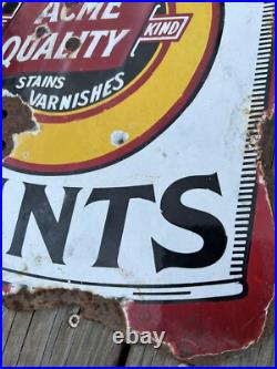 Vtg ACME Quality Paints Enamels Advertising Porcelain Sign Flange Double Sided