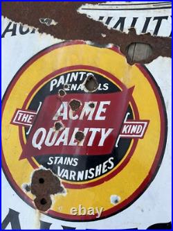 Vtg ACME Quality Paints Enamels Advertising Porcelain Sign Flange Double Sided