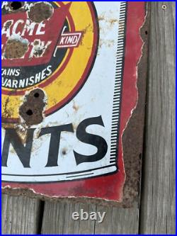 Vtg ACME Quality Paints Enamels Advertising Porcelain Sign Flange Double Sided