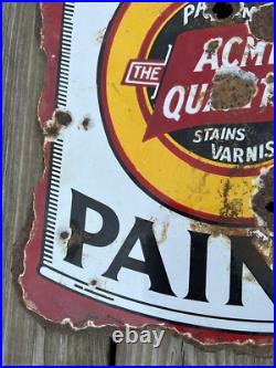 Vtg ACME Quality Paints Enamels Advertising Porcelain Sign Flange Double Sided