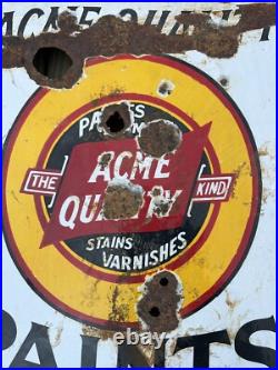 Vtg ACME Quality Paints Enamels Advertising Porcelain Sign Flange Double Sided