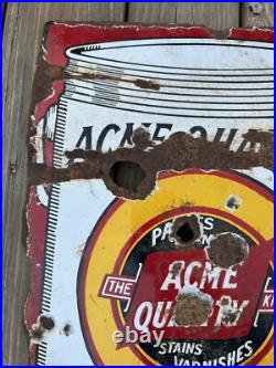 Vtg ACME Quality Paints Enamels Advertising Porcelain Sign Flange Double Sided