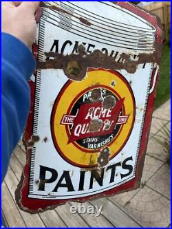 Vtg ACME Quality Paints Enamels Advertising Porcelain Sign Flange Double Sided