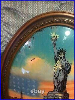 Vtg Antique 1917 Signed Reverse Painting Statue Of Liberty NY Convex Glass Oval