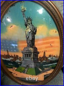 Vtg Antique 1917 Signed Reverse Painting Statue Of Liberty NY Convex Glass Oval