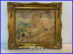 Vtg Antique Mary Hallett Gronemeyer Signed Watercolor Painting 2 Boys Landscape