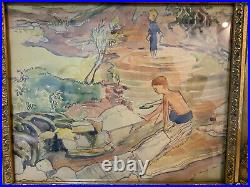 Vtg Antique Mary Hallett Gronemeyer Signed Watercolor Painting 2 Boys Landscape