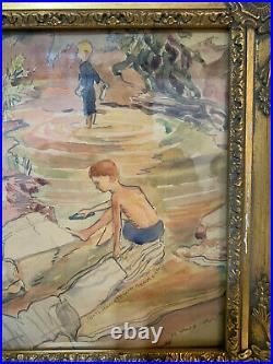 Vtg Antique Mary Hallett Gronemeyer Signed Watercolor Painting 2 Boys Landscape