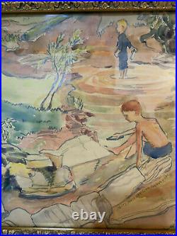 Vtg Antique Mary Hallett Gronemeyer Signed Watercolor Painting 2 Boys Landscape