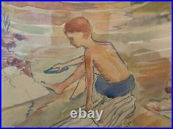 Vtg Antique Mary Hallett Gronemeyer Signed Watercolor Painting 2 Boys Landscape