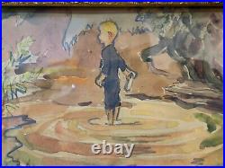 Vtg Antique Mary Hallett Gronemeyer Signed Watercolor Painting 2 Boys Landscape