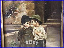 Vtg Antique N. Possibly Nicholas Lenz Signed Oil Painting of Young Girl & Boy