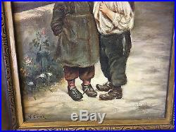 Vtg Antique N. Possibly Nicholas Lenz Signed Oil Painting of Young Girl & Boy