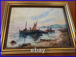 Vtg Antique R U Rinaldi Signed Oil on Board Seascape Painting Figures in Boats 2