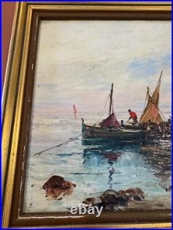 Vtg Antique R U Rinaldi Signed Oil on Board Seascape Painting Figures in Boats 2