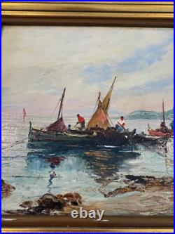 Vtg Antique R U Rinaldi Signed Oil on Board Seascape Painting Figures in Boats 2