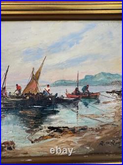Vtg Antique R U Rinaldi Signed Oil on Board Seascape Painting Figures in Boats 2