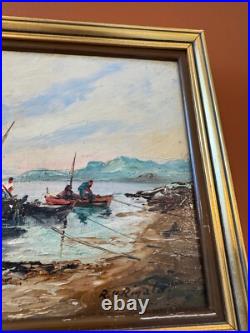 Vtg Antique R U Rinaldi Signed Oil on Board Seascape Painting Figures in Boats 2