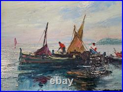 Vtg Antique R U Rinaldi Signed Oil on Board Seascape Painting Figures in Boats 2