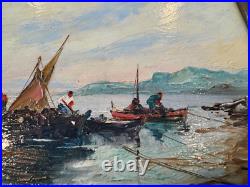 Vtg Antique R U Rinaldi Signed Oil on Board Seascape Painting Figures in Boats 2