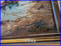 Vtg Antique R U Rinaldi Signed Oil on Board Seascape Painting Figures in Boats 2