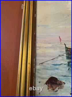 Vtg Antique R U Rinaldi Signed Oil on Board Seascape Painting Figures in Boats 2