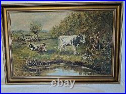 Vtg Antique Sigrid Beck Knudsen Oil Painting on Canvas of Cows Calves Landscape