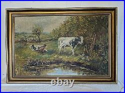 Vtg Antique Sigrid Beck Knudsen Oil Painting on Canvas of Cows Calves Landscape