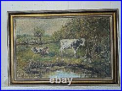 Vtg Antique Sigrid Beck Knudsen Oil Painting on Canvas of Cows Calves Landscape