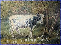 Vtg Antique Sigrid Beck Knudsen Oil Painting on Canvas of Cows Calves Landscape