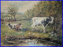 Vtg Antique Sigrid Beck Knudsen Oil Painting on Canvas of Cows Calves Landscape