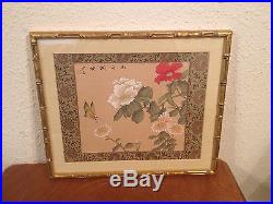 Vtg Asian Chinese Signed Painting on Silk of Butterfly & Flowers Bamboo Frame