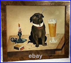 Vtg Cigar Smoking BULLDOG Painting THEOREM Folk Art BIRDS-EYE MAPLE FRAME Signed