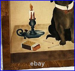 Vtg Cigar Smoking BULLDOG Painting THEOREM Folk Art BIRDS-EYE MAPLE FRAME Signed