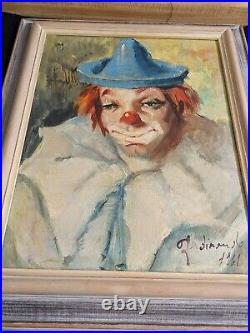 Vtg. Clown portrait oil painting withframe. Signed, 1961