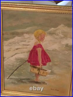 Vtg Dorothy Woropay Oil Painting Girl On Beach WithBasket Signed Original