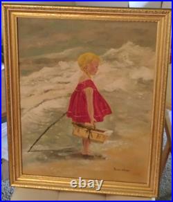 Vtg Dorothy Woropay Oil Painting Girl On Beach WithBasket Signed Original