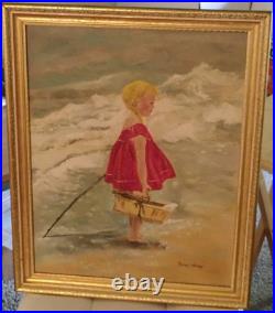 Vtg Dorothy Woropay Oil Painting Girl On Beach WithBasket Signed Original