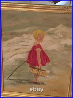 Vtg Dorothy Woropay Oil Painting Girl On Beach WithBasket Signed Original