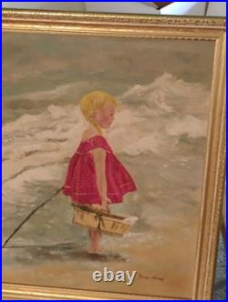 Vtg Dorothy Woropay Oil Painting Girl On Beach WithBasket Signed Original