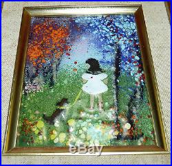 Vtg Enameled Copper Little Girl with Dog Painting Signed Framed Small Painting
