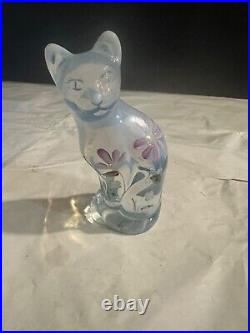 Vtg Fenton Kitty Cat Hand Painted & Signed By B Chancellor Floral Clear Opalesce