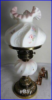 Vtg Fenton Pink & White Satin Glass Lamp Hand Painted Flowers Signed L Everson