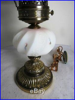 Vtg Fenton Pink & White Satin Glass Lamp Hand Painted Flowers Signed L Everson