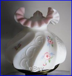 Vtg Fenton Pink & White Satin Glass Lamp Hand Painted Flowers Signed L Everson