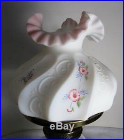Vtg Fenton Pink & White Satin Glass Lamp Hand Painted Flowers Signed L Everson
