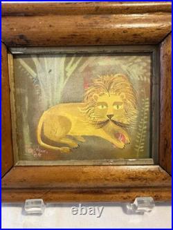 Vtg Folk Art lion with a ball Painting 1964 signed Tom Hun