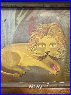 Vtg Folk Art lion with a ball Painting 1964 signed Tom Hun