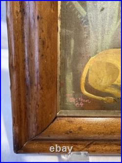 Vtg Folk Art lion with a ball Painting 1964 signed Tom Hun