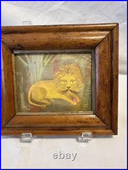 Vtg Folk Art lion with a ball Painting 1964 signed Tom Hun